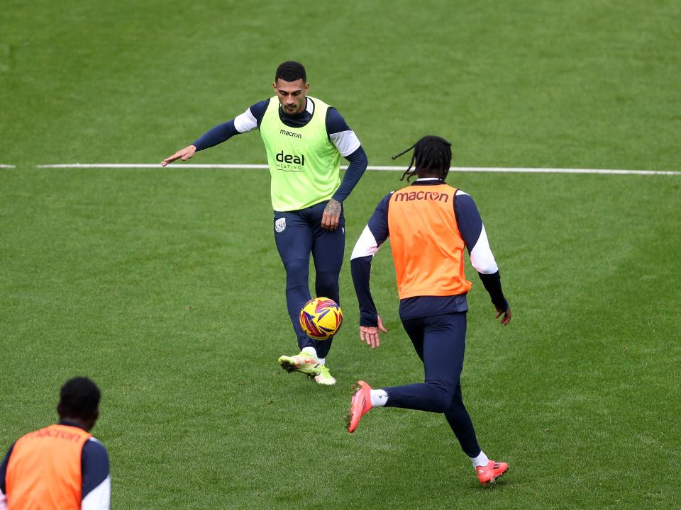 Karlan Grant on the ball during a training session at The Hawthorns