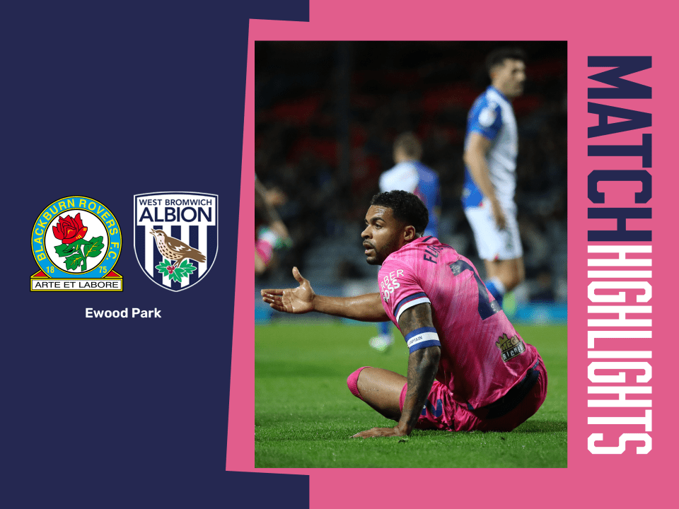 A match highlights graphic, in the pink and blue 2024/25 away colours, showing the badges of Blackburn and Albion and an action photo of Darnell Furlong