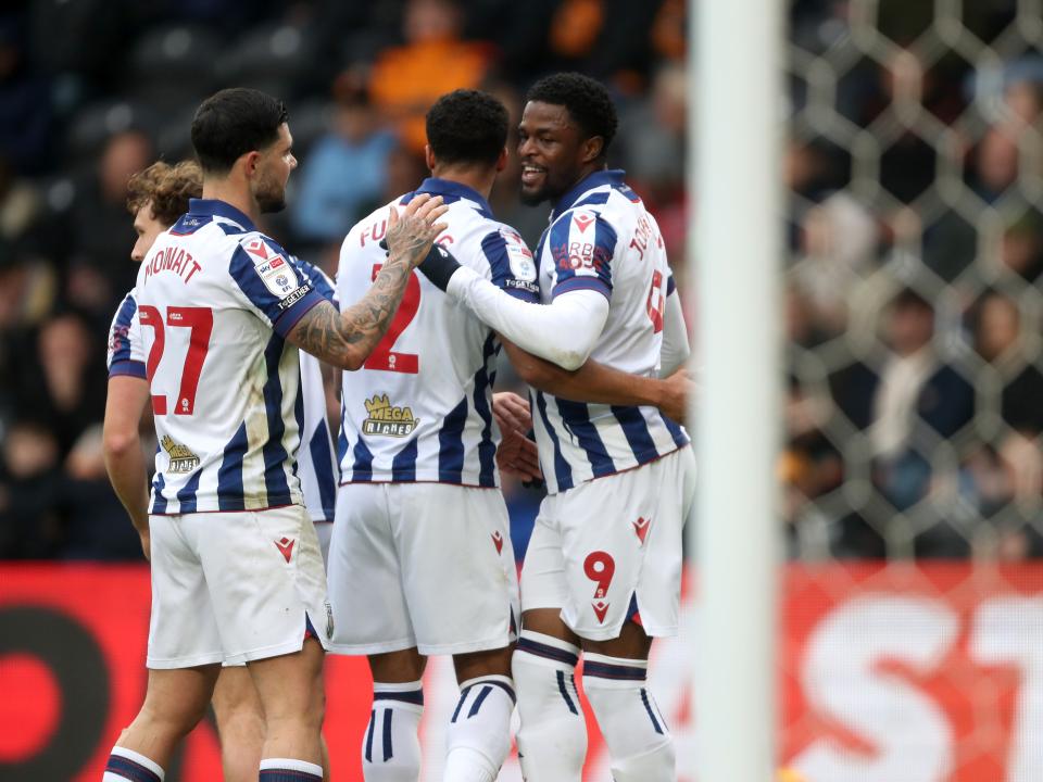 Josh Maja celebrates scoring against Hull with team-mates