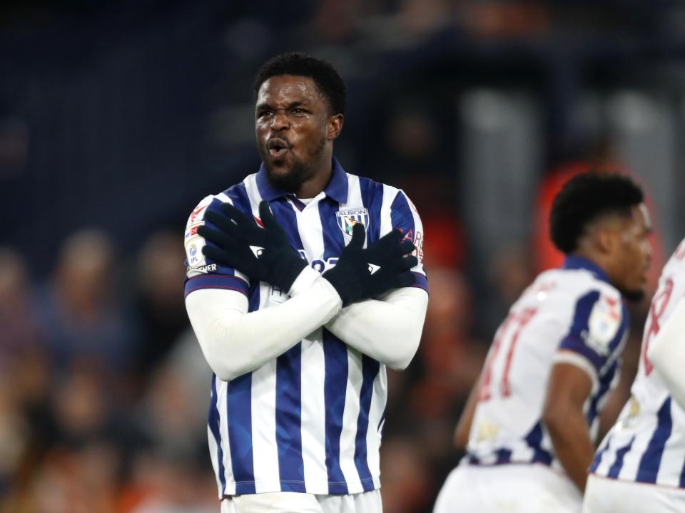 Josh Maja celebrates scoring against Luton 