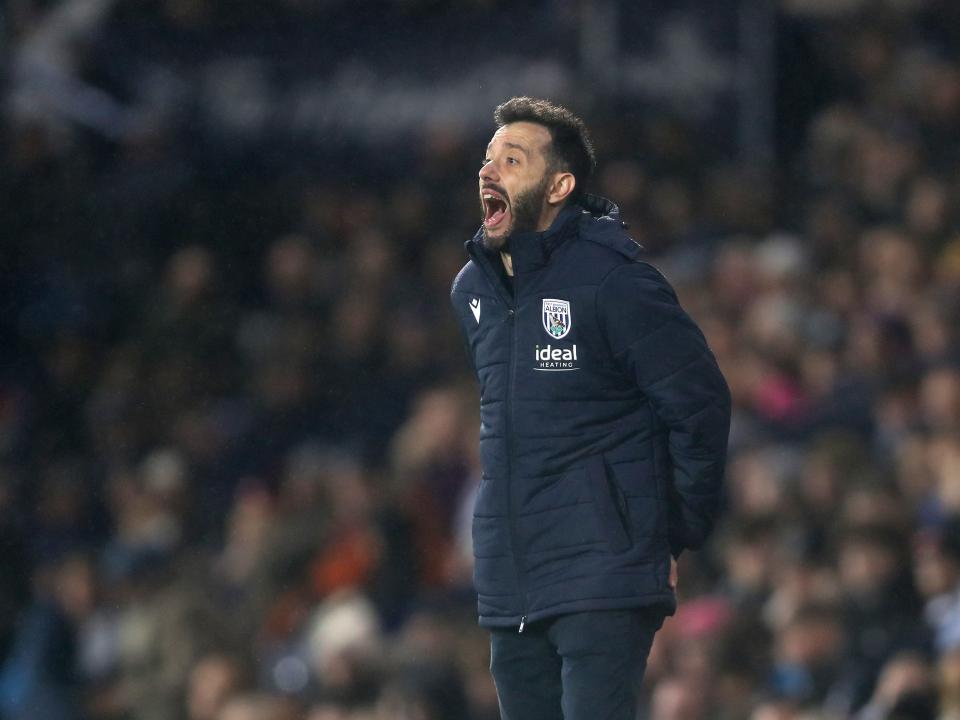Carlos Corberán shouting at players on the side of the pitch at The Hawthorns 