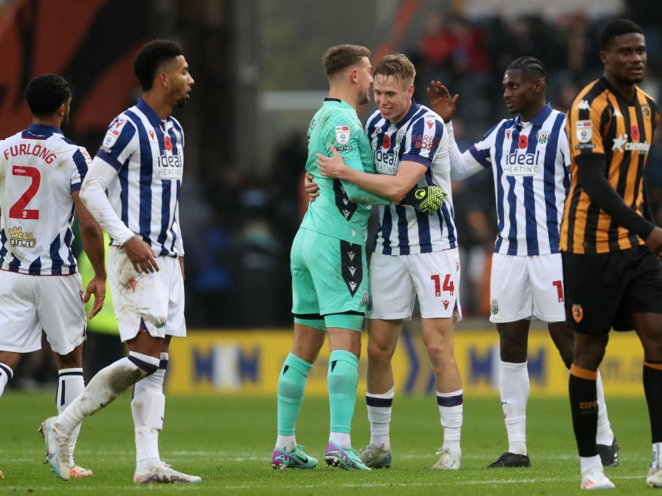 Several Albion players Grady Diangana celebrate a win after the full-time whistle