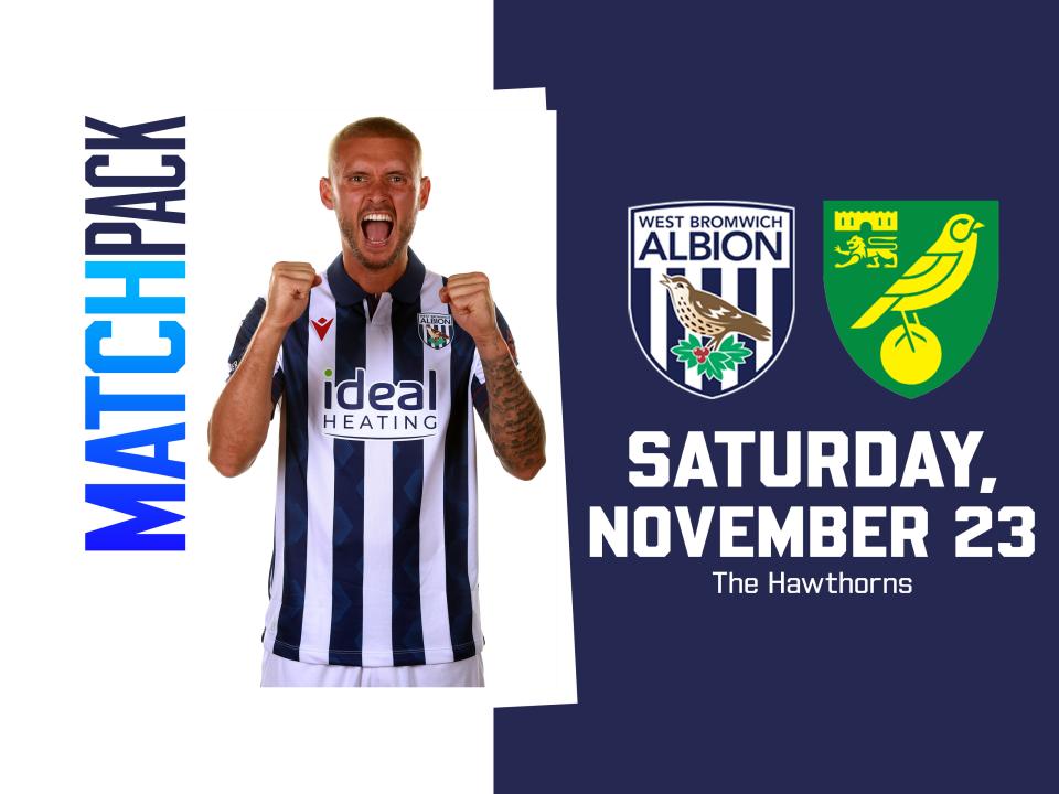 Home colours match pack graphic for Norwich game with both club badges on an John Swift celebrating to the camera in a home kit 