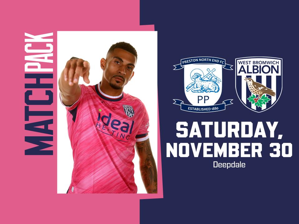PNE pink away match pack graphic with both club badges on and an image of Karlan Grant pointing at the camera while wearing a pink away shirt 