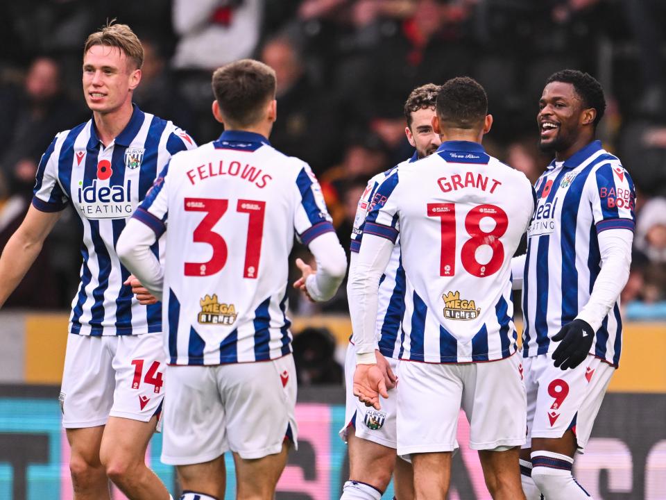 Josh Maja celebrates scoring against Hull with team-mates