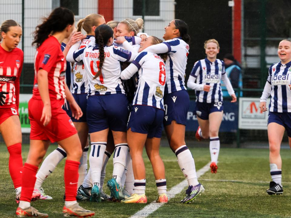 Albion Women celebrate their first goal against Cheadle Town Stingers.