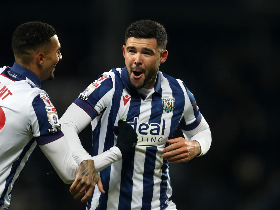 Alex Mowatt celebrates scoring against Coventry City with Karlan Grant 
