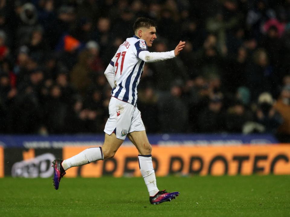 Tom Fellows celebrates scoring against Sheffield United