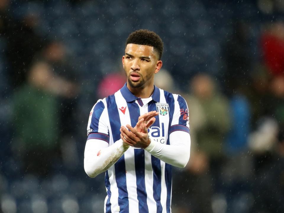 Mason Holgate applauding Albion fans after the match against Sheffield United 