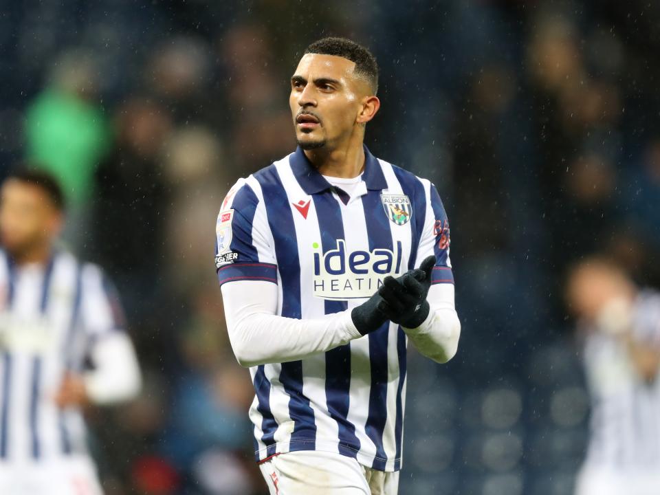 Karlan Grant applauding Albion fans after the match against Sheffield United 