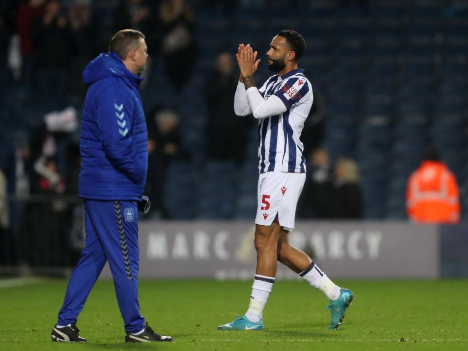 Kyle Bartley applauds supporters after Albion's win against Coventry City 