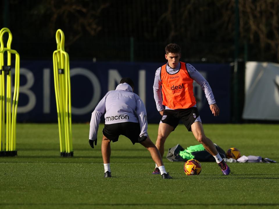 Tom Fellows on the ball during training 