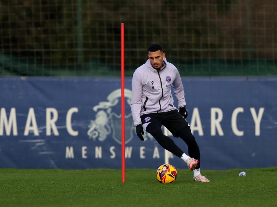 Karlan Grant on the ball during training 