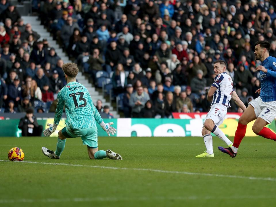 Jed Wallace shoots and scores against Portsmouth at The Hawthorns