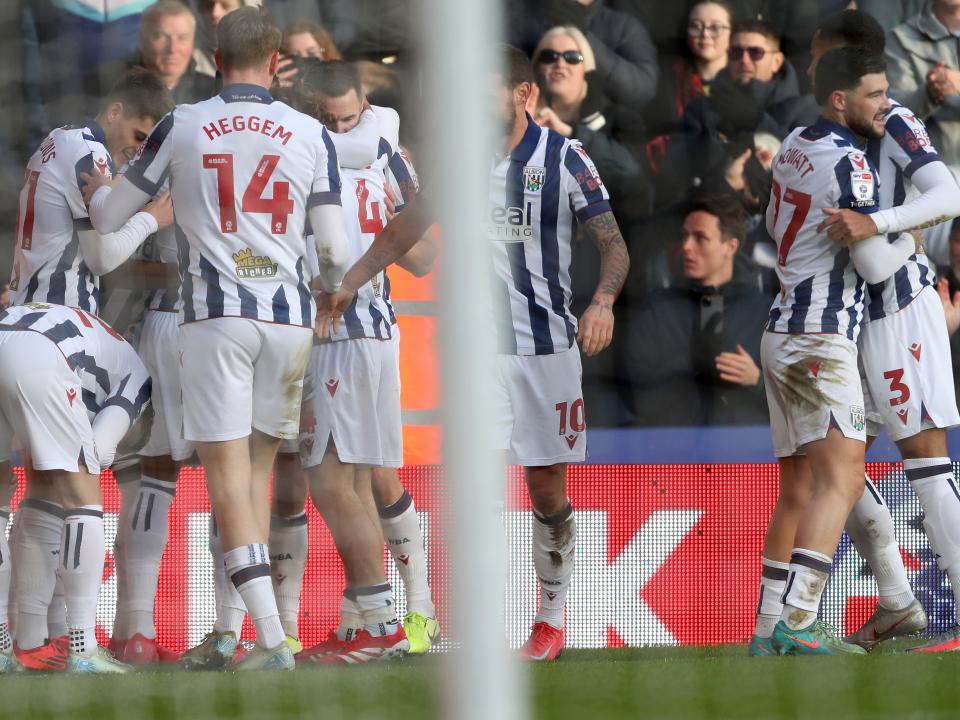 Jed Wallace celebrates scoring against Portsmouth at The Hawthorns with team-mates