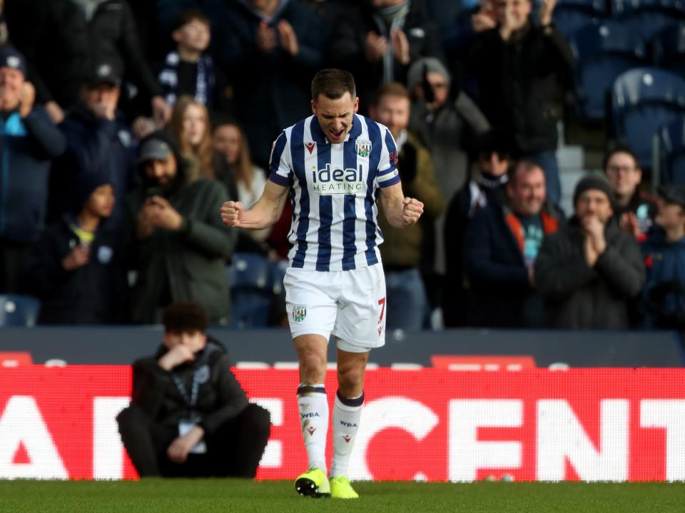 Jed Wallace celebrates scoring against Portsmouth at The Hawthorns 
