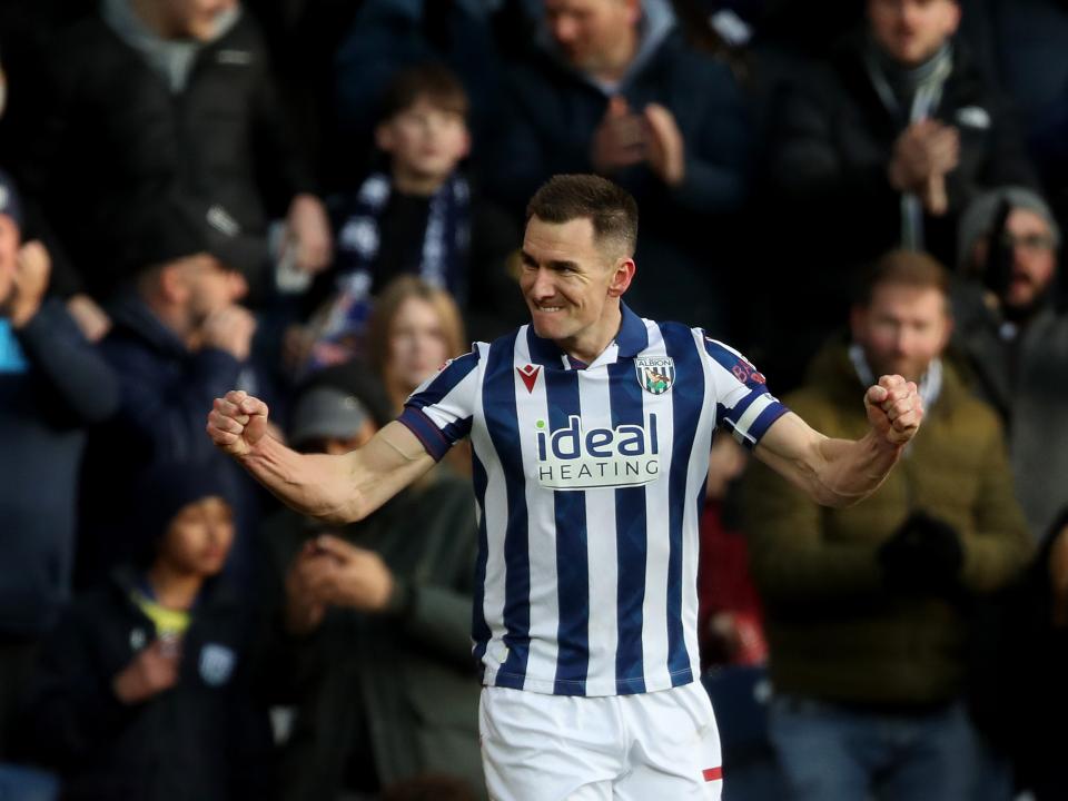 Jed Wallace celebrates scoring against Portsmouth at The Hawthorns 