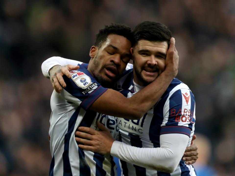 Grady Diangana celebrates scoring against Portsmouth with Alex Mowatt