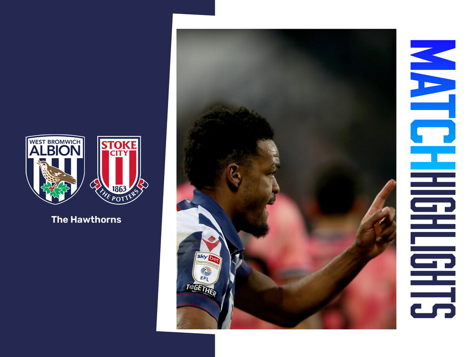 A match highlights graphic, showing the badges of Albion and Stoke, and a photo of Grady Diangana