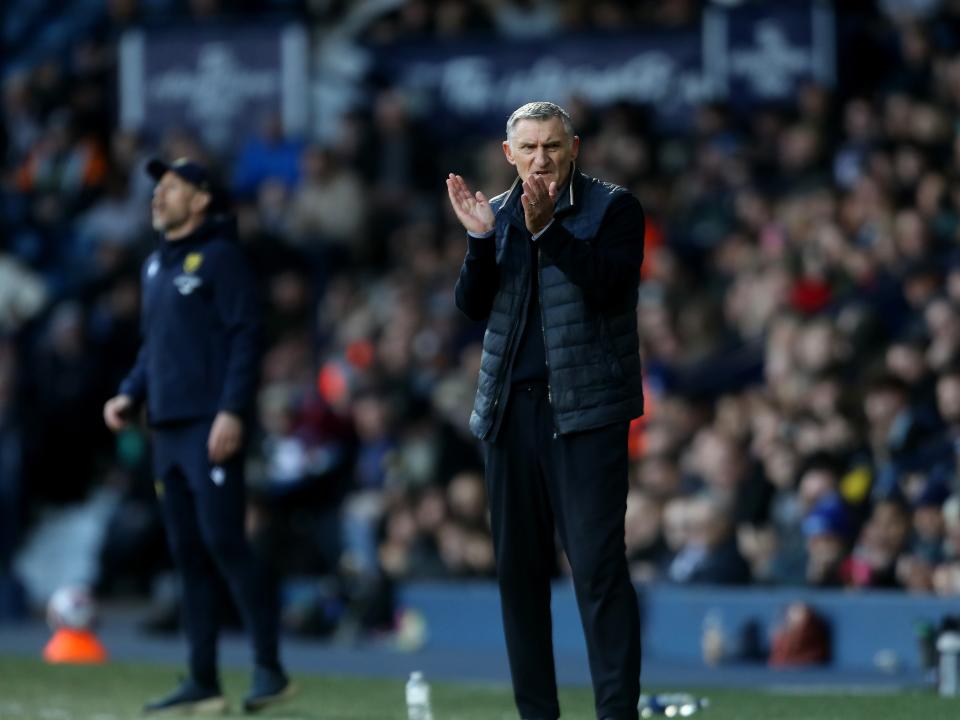 Tony Mowbray applauding at the side of the pitch against Oxford 