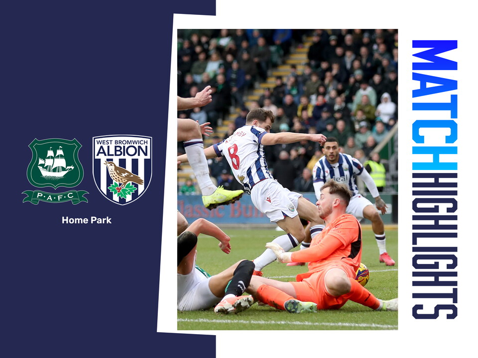 A match highlights graphic showing the badges of Albion and Plymouth, and an action shot of Jayson Molumby