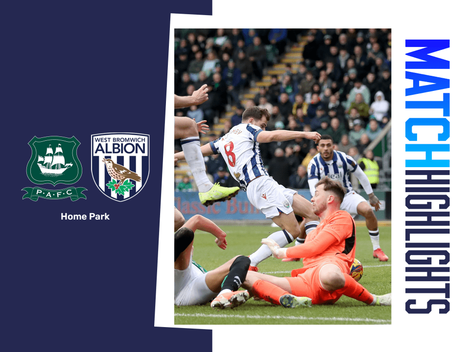 A match highlights graphic showing the badges of Albion and Plymouth, and an action shot of Jayson Molumby