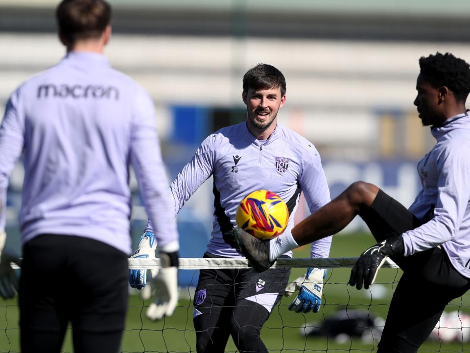 A general view of Albion goalkeepers in training with Joe Wildsmith smiling 