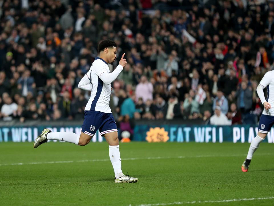 Ethan Nwaneri celebrates scoring for England U21s against Portugal at The Hawthorns