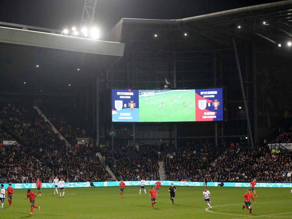 A wide view of The Hawthorns with the game being played between England U21s and Portugal