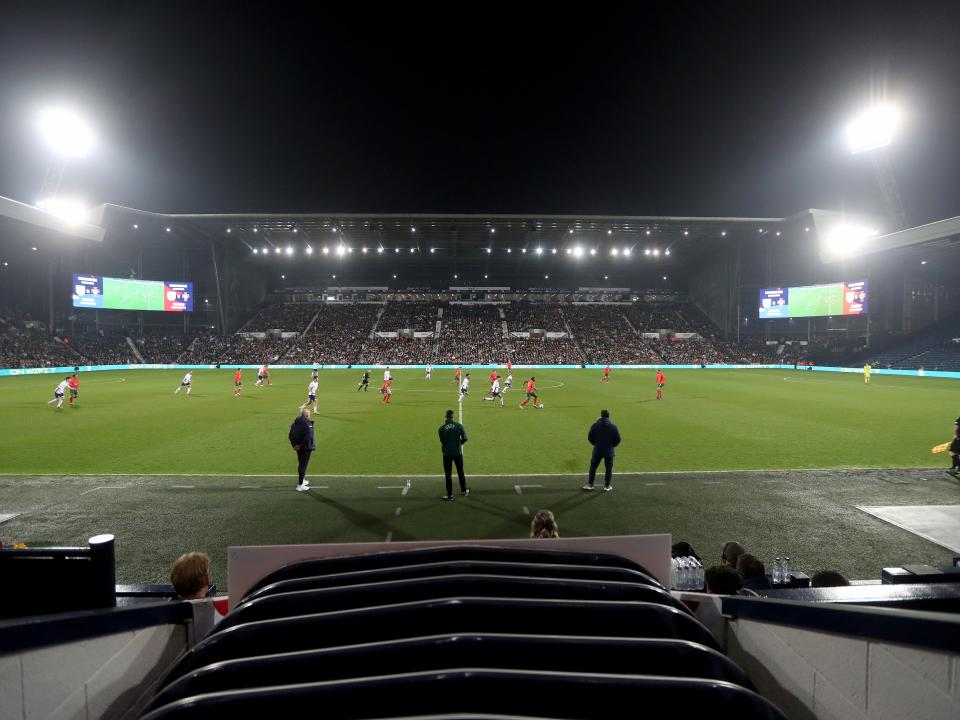 A wide view of The Hawthorns with the game being played between England U21s and Portugal