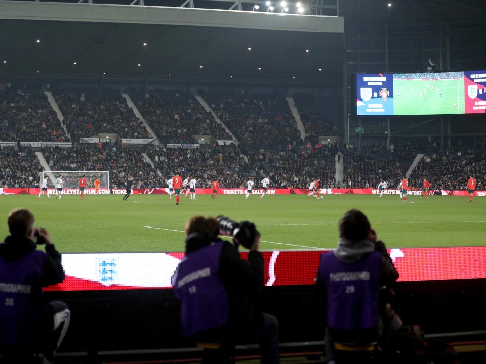 A wide view of The Hawthorns with the game being played between England U21s and Portugal