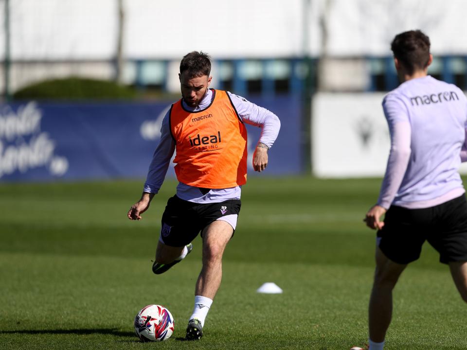 Adam Armstrong on the ball during training 