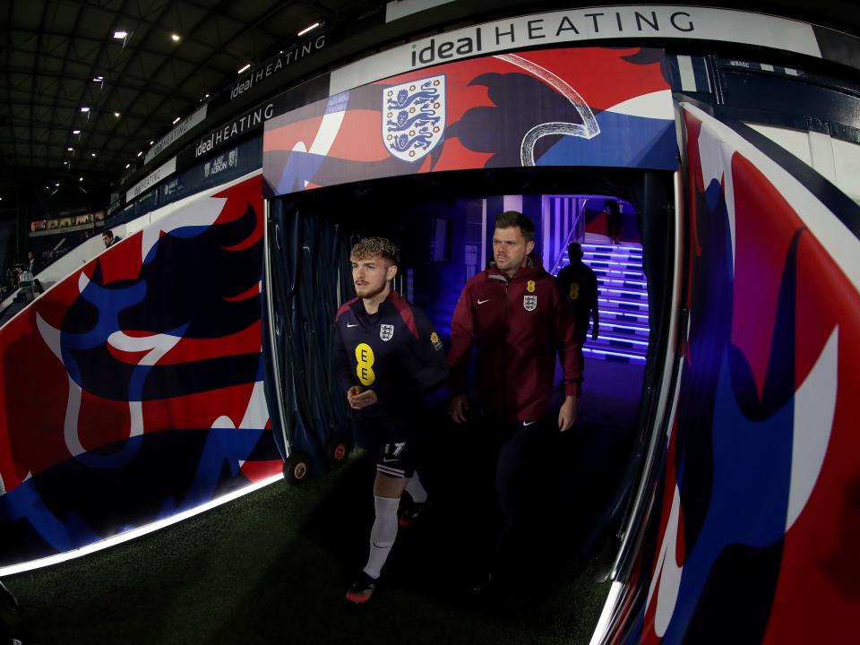 England players walking out of the tunnel at The Hawthorns for their warm up before playing Portugal