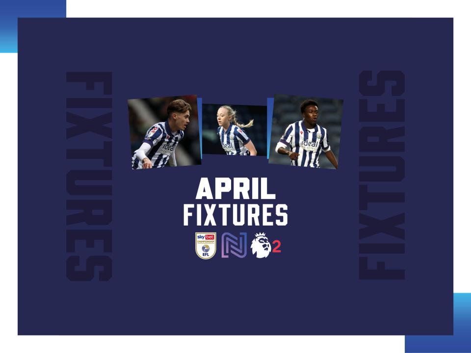 April fixtures graphic with images on of Isaac Price, Ellie May and Dauda Iddrisa all in home kit 
