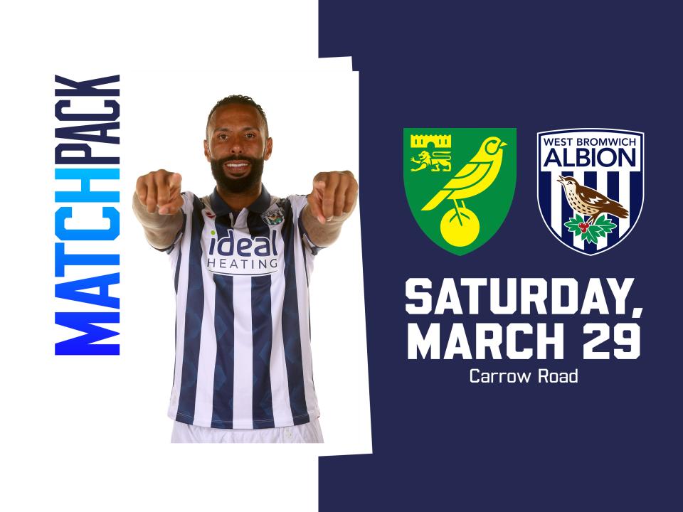 Home colours match pack graphic for Norwich v Albion with both club badges on and a picture of Kyle Bartley posing for a photo while smiling at the camera in the home kit 