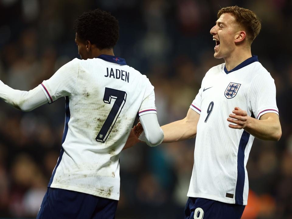 England players celebrate a goal scored against Portugal U21s at The Hawthorns