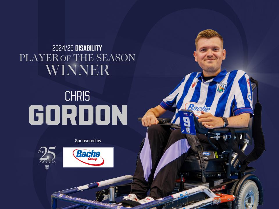 2024/25 Disability Player of the Season graphic with an image of Chris Gordon in the home shirt on