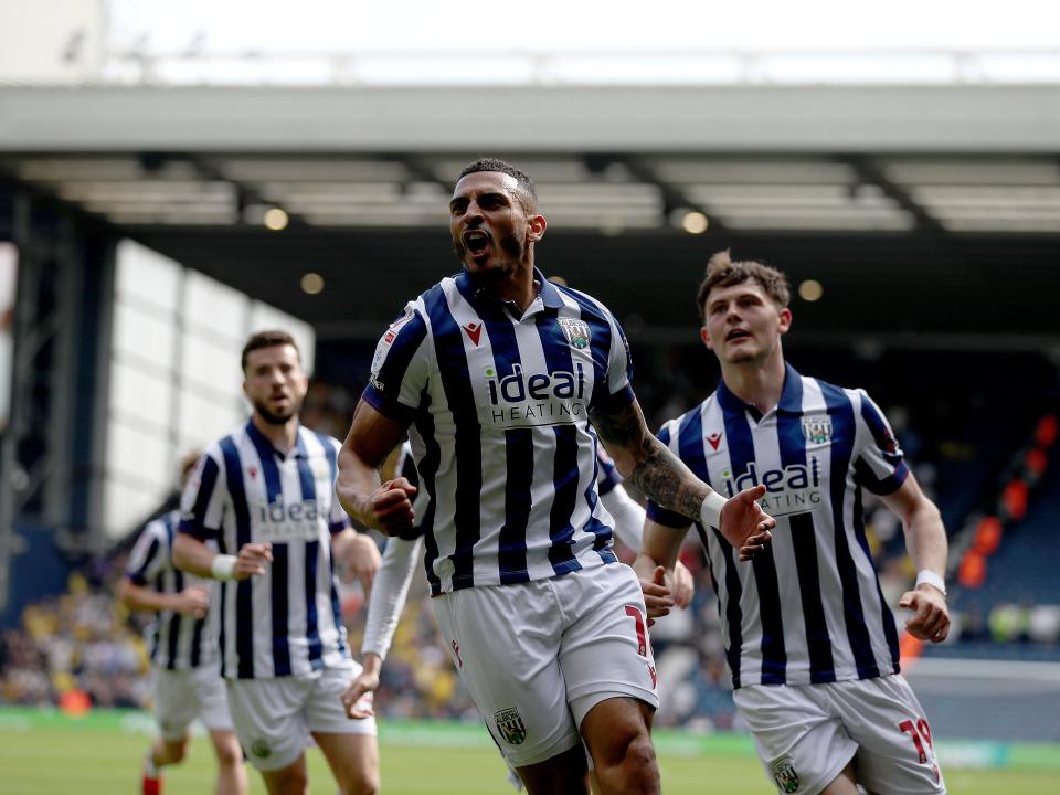 karlan Grant celebrates scoring against Watford with team-mates