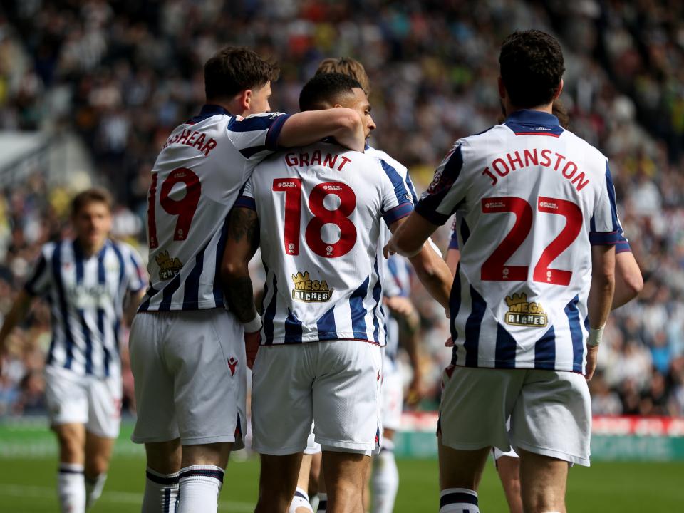 karlan Grant celebrates scoring against Watford with team-mates