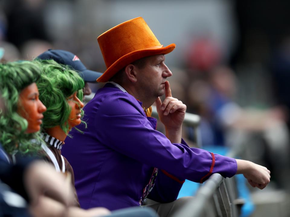 Albion fans in fancy dress in the away end at Cardiff