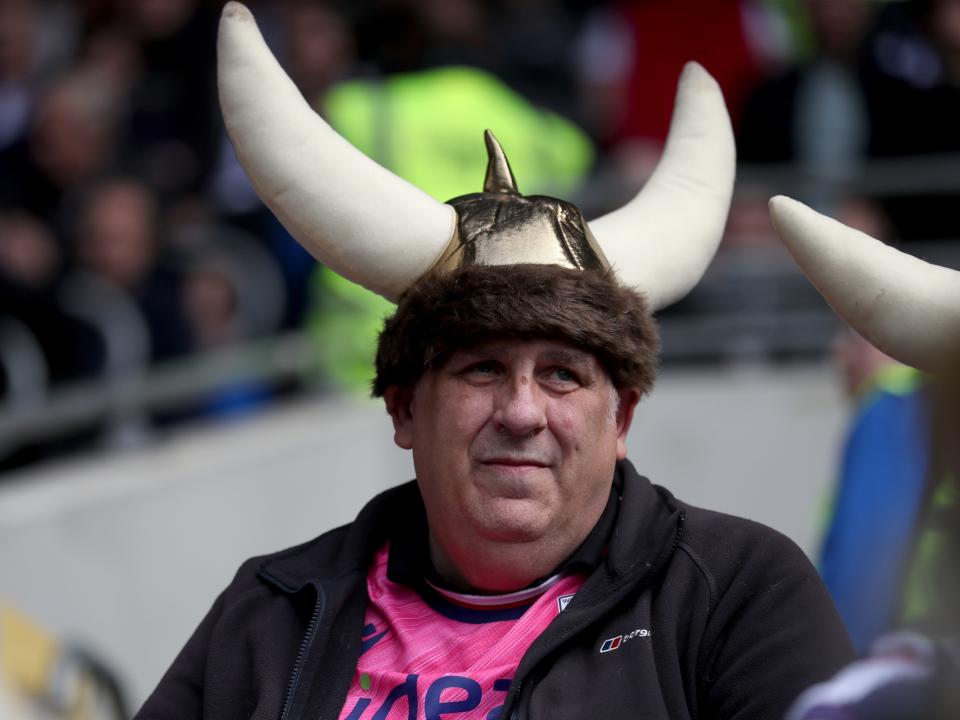 An Albion fan in the away end at Cardiff wearing a viking hat