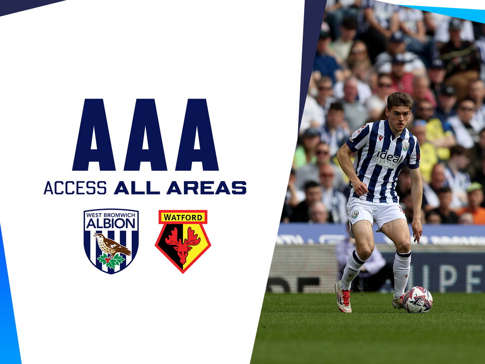 An AAA Matchday graphic showing the badges of Albion and Watford