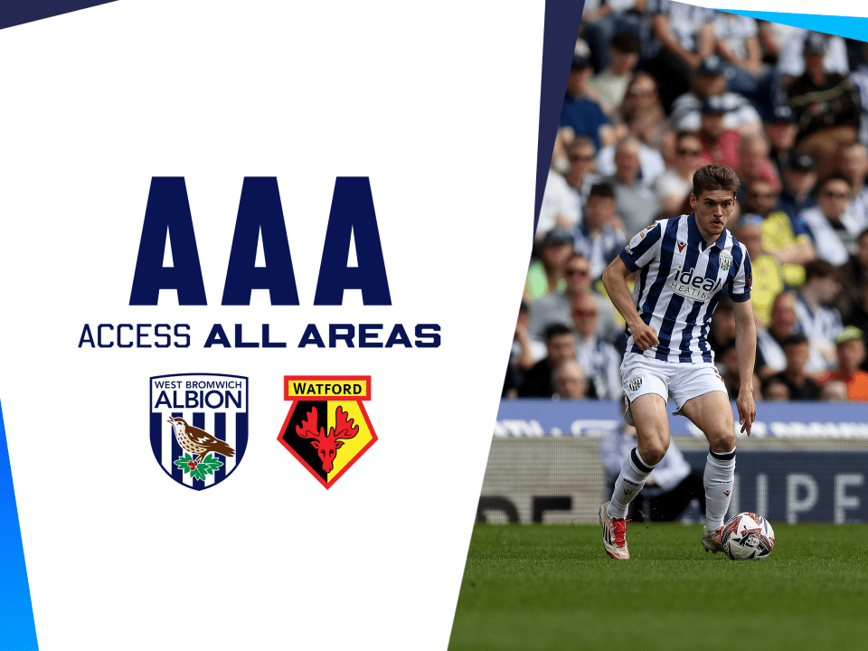 An AAA Matchday graphic showing the badges of Albion and Watford