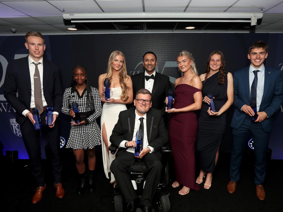 Shilen Patel with every West Bromwich Albion awards winner on stage at the end of season awards dinner