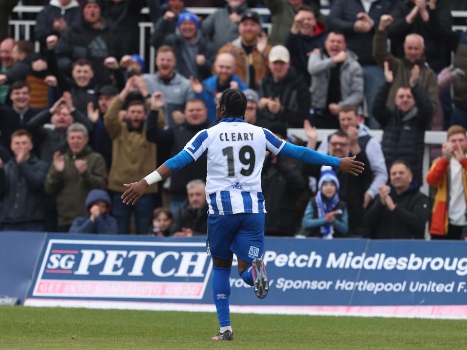 A photo of Albion youngsters Reyes Cleary in the blue and white home kit of loan club Hartlepool