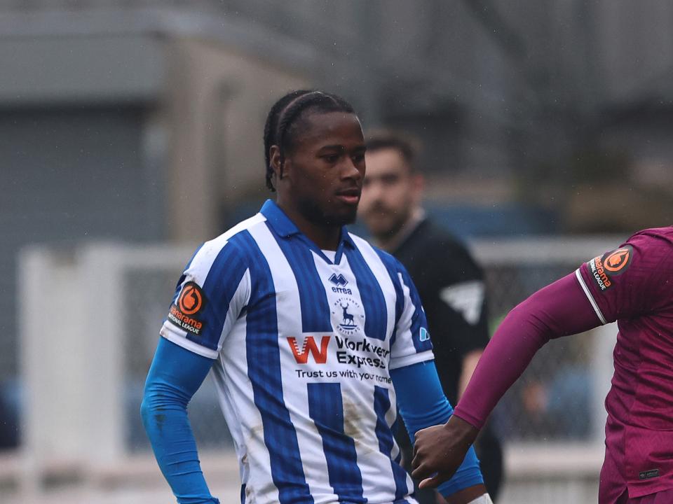 Reyes Cleary in action for Hartlepool United in their home kit 