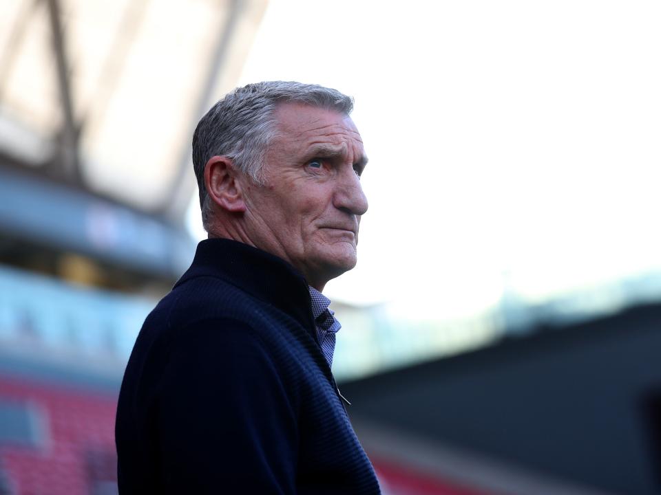 Tony Mowbray looking forward on the side of a pitch 