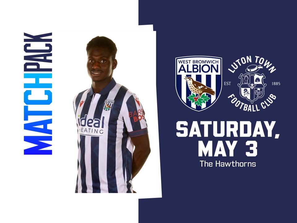 Home colours match pack graphic for Albion v Luton with both club badges on and a picture of Ousmane Diakité posing for a photo while smiling at the camera in the home kit 