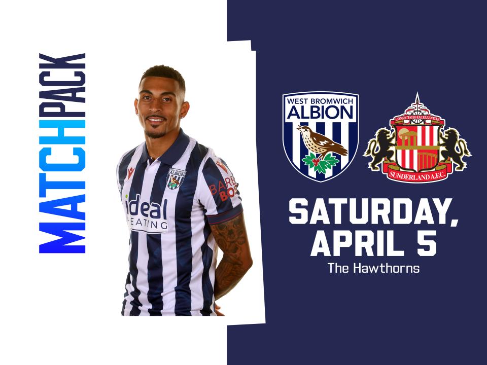Home match pack graphic for Sunderland game with both club badges and an image of Karlan Grant smiling at the camera in the home kit 