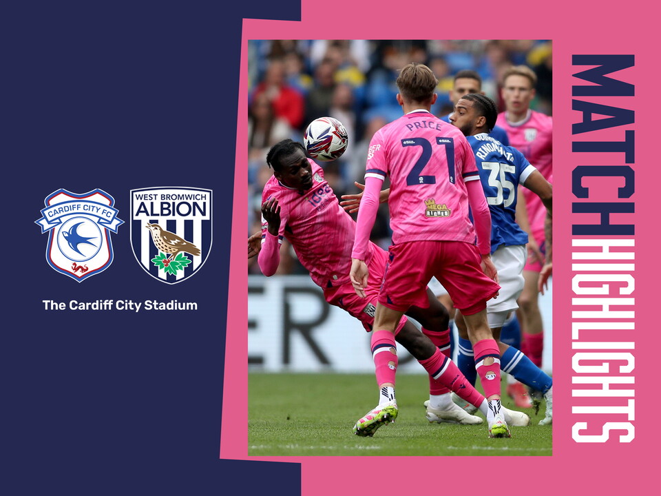 A match highlights graphic, in the 2024/25 pink away colours, showing the badges of Cardiff and Albion, and an action shot of Ousmane Diakite